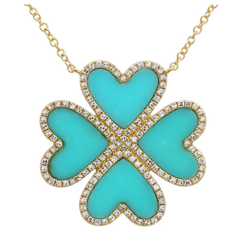 0.37 Ctw Diamond 14k Yellow Gold Turquoise Round Shape Womens Gemstone Necklace