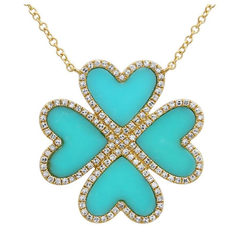 0.37 Ctw Diamond 14k Yellow Gold Turquoise Round Shape Womens Gemstone Necklace