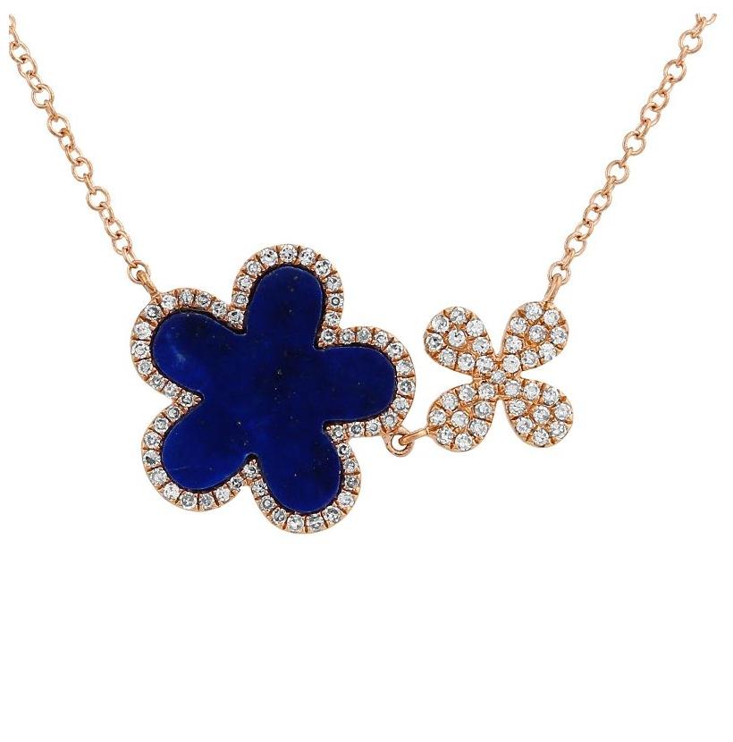 0.21 Ctw Diamond 14k Rose Gold Lapis Round Shape Womens Gemstone Necklace