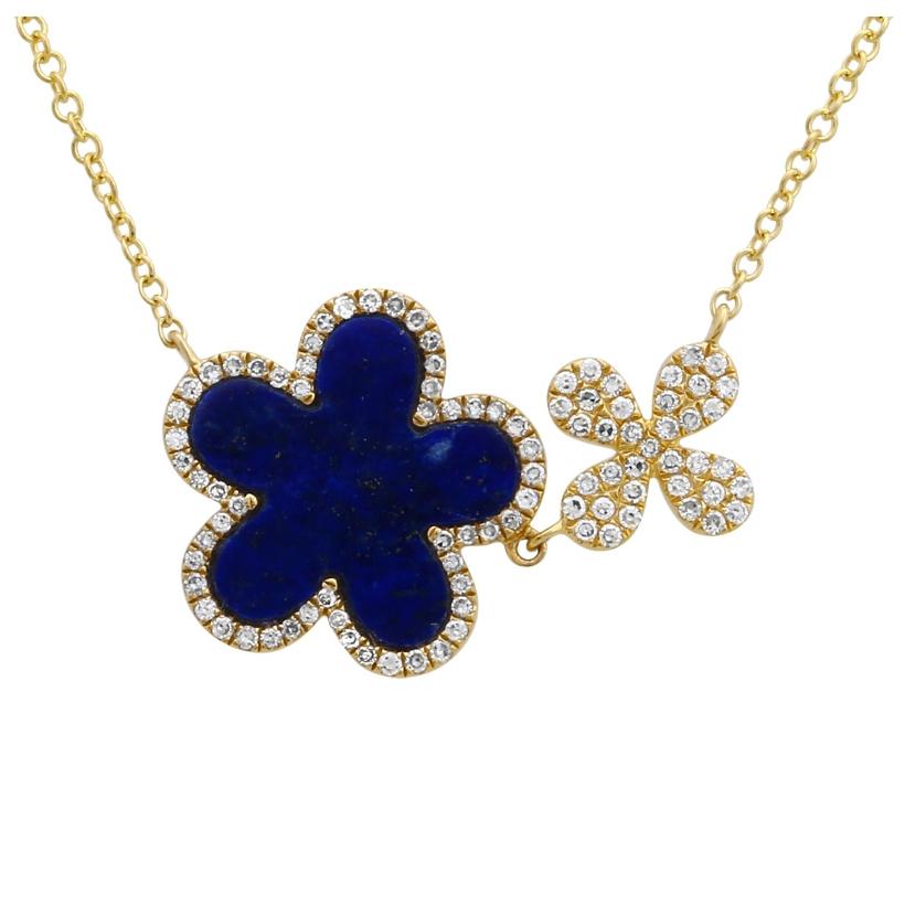 0.22 Ctw Diamond 14k Yellow Gold Lapis Round Shape Womens Gemstone Necklace