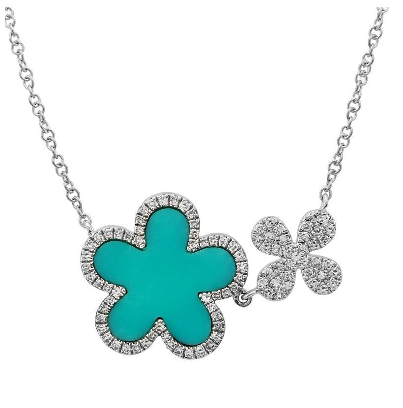 0.21 Ctw Diamond 14k White Gold Turquoise Round Shape Womens Gemstone Necklace