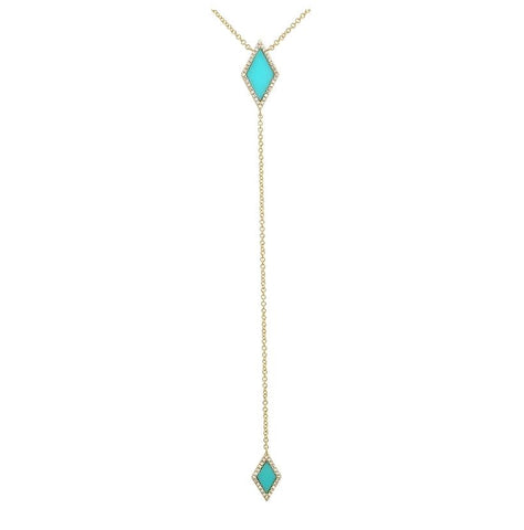 0.14 Ctw Diamond 14k Yellow Gold Turquoise Round Shape Womens Gemstone Necklace