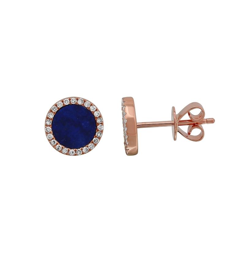 0.14 Ctw Diamond 14k Rose Gold Lapis Round Shape Womens Gemstone Earrings