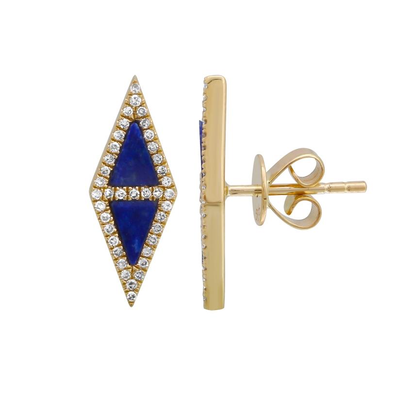 0.15 Ctw Diamond 14k Yellow Gold Lapis Round Shape Womens Gemstone Earrings