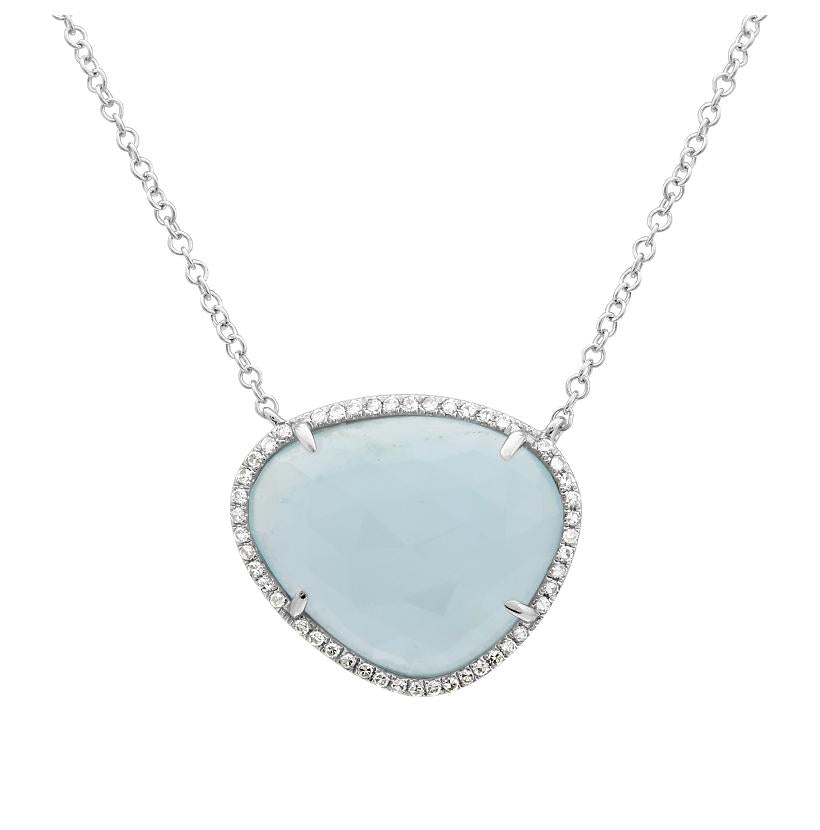 0.12 Ctw Diamond 14k White Gold Aquamarine Round Shape Womens Gemstone Necklace