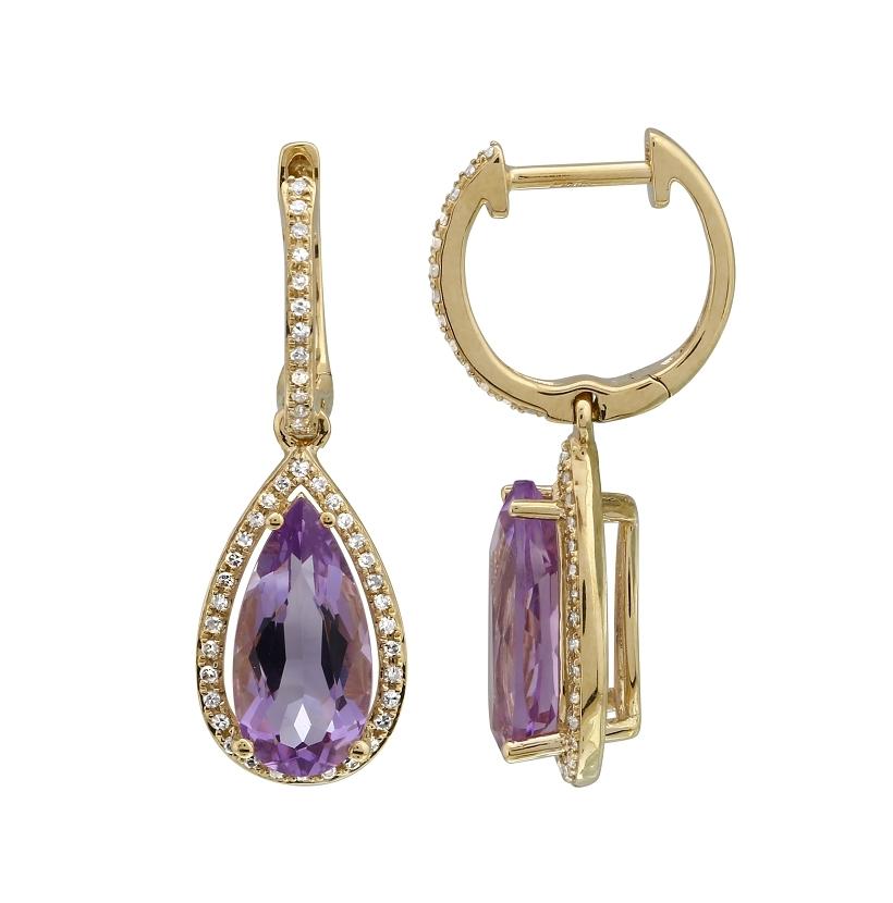 0.24 Ctw Diamond 14k Yellow Gold Amethyst Round Shape Womens Gemstone Earrings