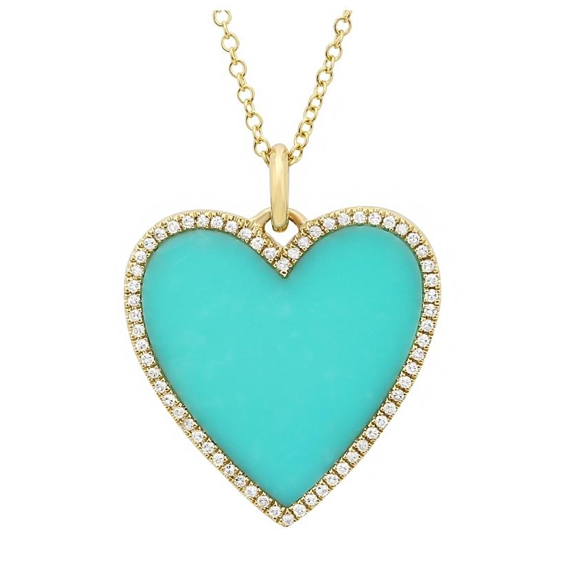 0.16 Ctw Diamond 14k Yellow Gold Turquoise Round Shape Womens Gemstone Necklace Pendant With 16 Inch Chain