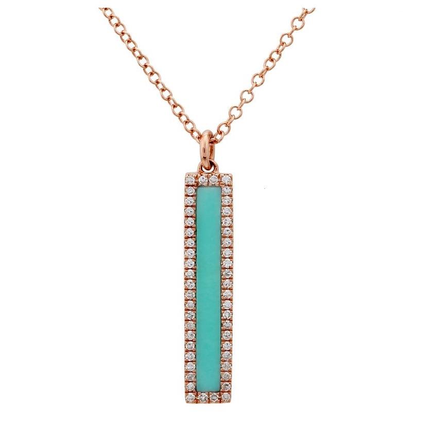 0.11 Ctw Diamond 14k Rose Gold Turquoise Round Shape Womens Gemstone Necklace Pendant With 16 Inch Chain