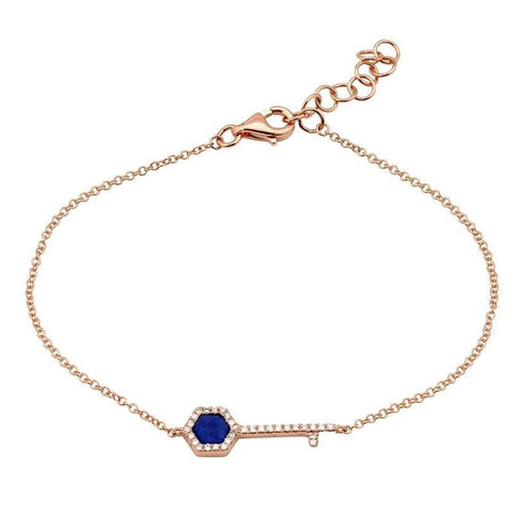 0.09 Ctw Diamond 14k Rose Gold Lapis Round Shape Womens Gemstone Bracelet