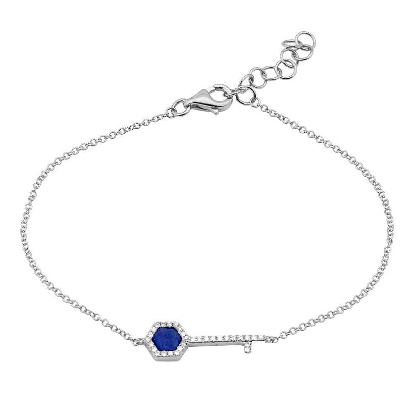 0.09 Ctw Diamond 14k White Gold Lapis Round Shape Womens Gemstone Bracelet