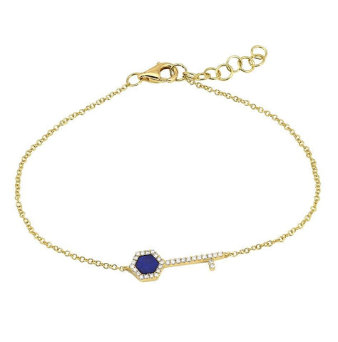 0.09 Ctw Diamond 14k Yellow Gold Lapis Round Shape Womens Gemstone Bracelet