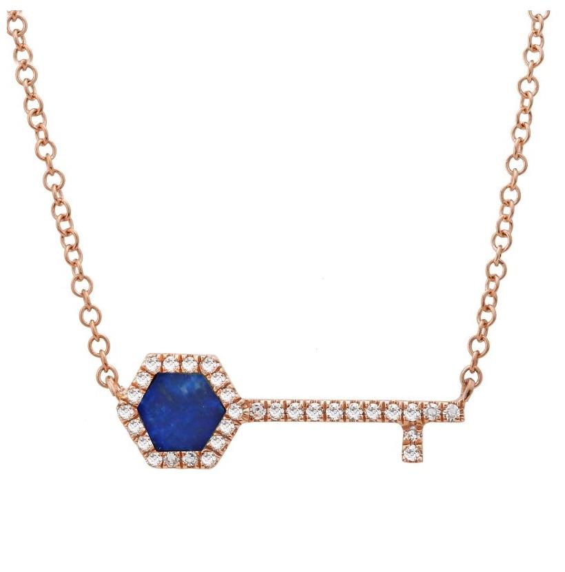 0.09 Ctw Diamond 14k Rose Gold Lapis Round Shape Womens Gemstone Necklace