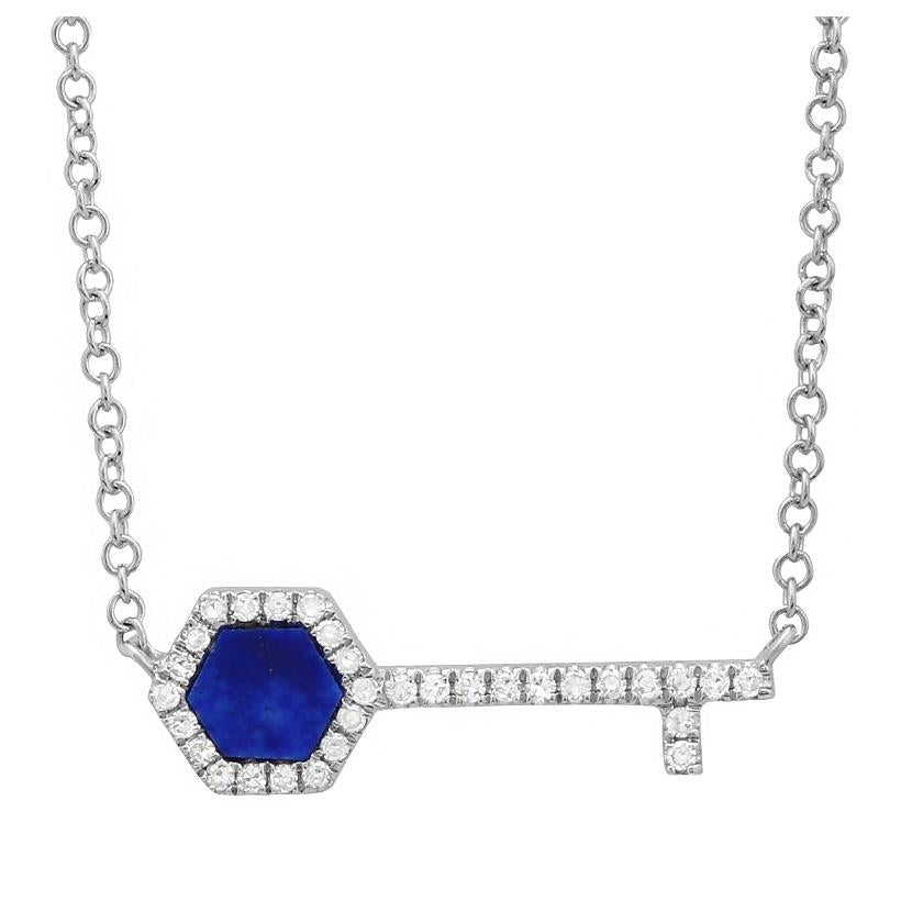 0.09 Ctw Diamond 14k White Gold Lapis Round Shape Womens Gemstone Necklace