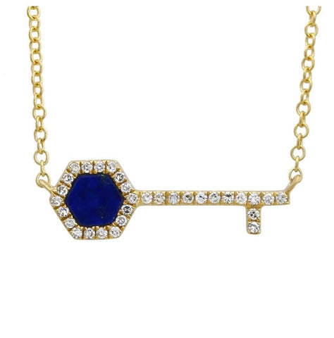 0.09 Ctw Diamond 14k Yellow Gold Lapis Round Shape Womens Gemstone Necklace