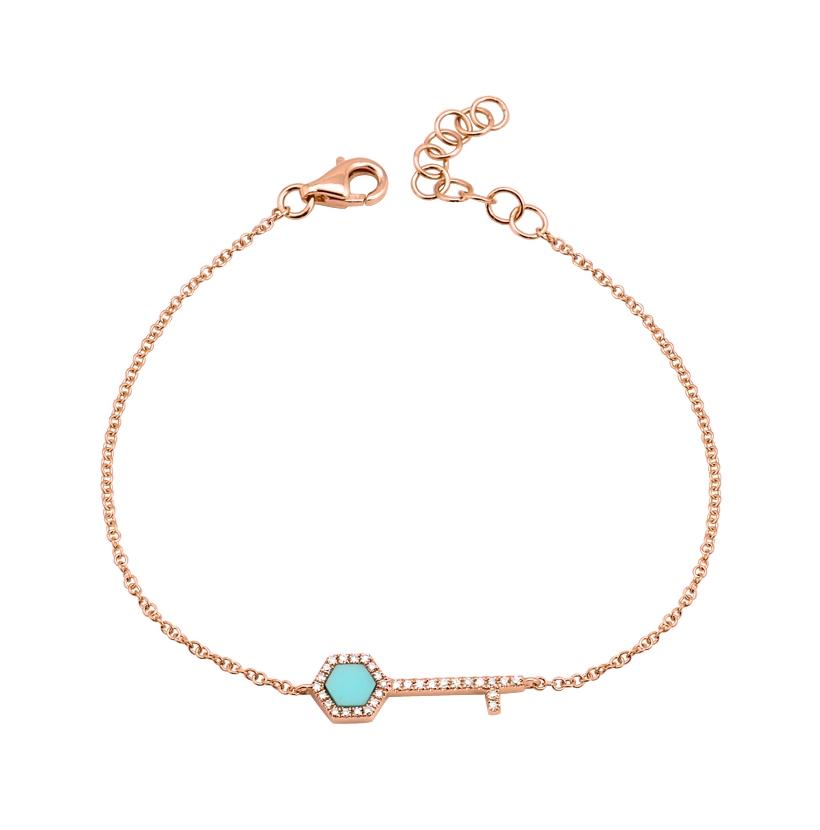 0.1 Ctw Diamond 14k Rose Gold Turquoise Round Shape Womens Gemstone Bracelet