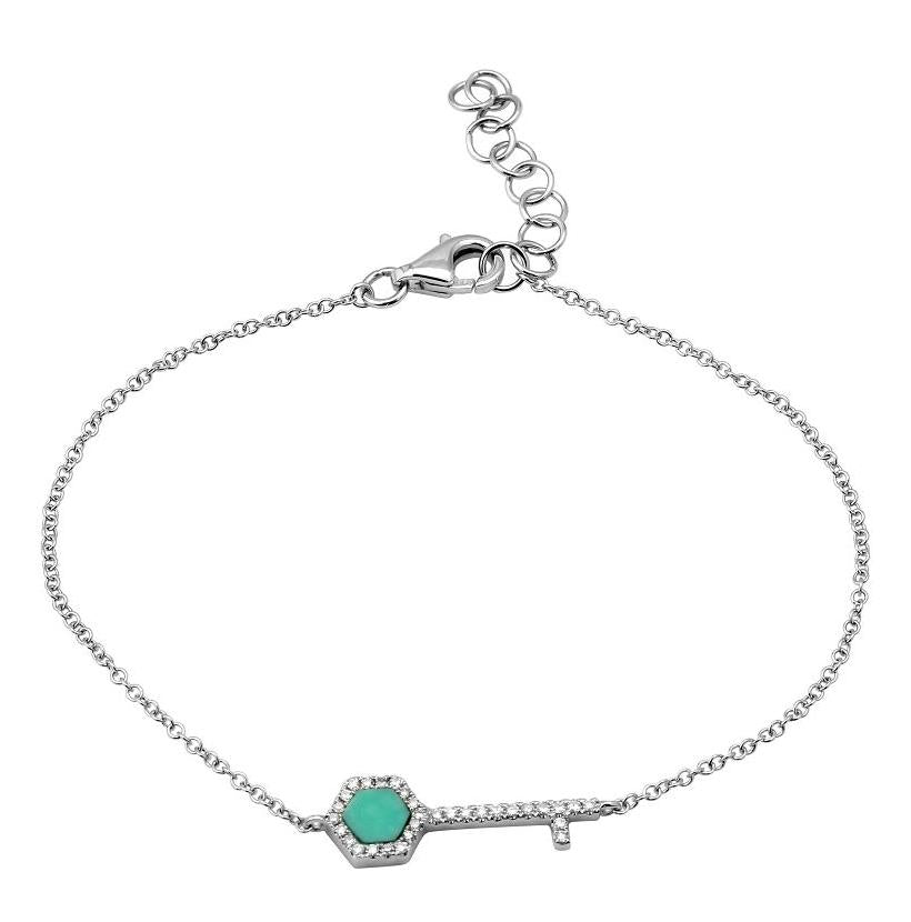 0.09 Ctw Diamond 14k White Gold Turquoise Round Shape Womens Gemstone Bracelet