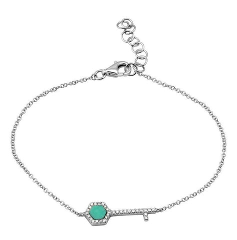 0.09 Ctw Diamond 14k White Gold Turquoise Round Shape Womens Gemstone Bracelet