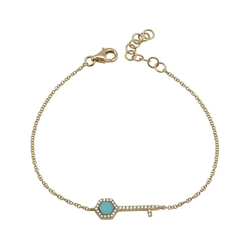 0.1 Ctw Diamond 14k Yellow Gold Turquoise Round Shape Womens Gemstone Bracelet