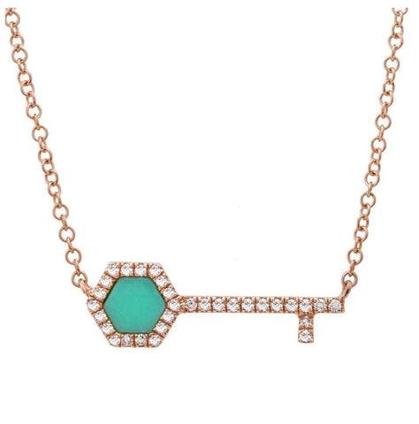 0.09 Ctw Diamond 14k Rose Gold Turquoise Round Shape Womens Gemstone Necklace