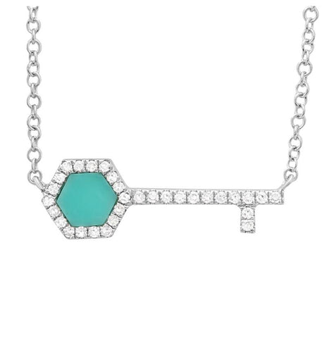 0.09 Ctw Diamond 14k White Gold Turquoise Round Shape Womens Gemstone Necklace