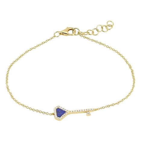 0.09 Ctw Diamond 14k Yellow Gold Lapis Round Shape Womens Gemstone Bracelet