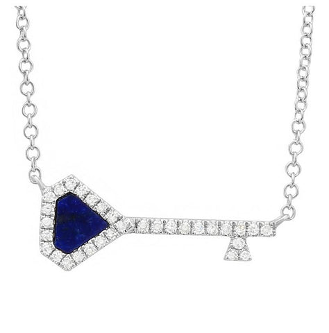 0.09 Ctw Diamond 14k White Gold Lapis Round Shape Womens Gemstone Necklace