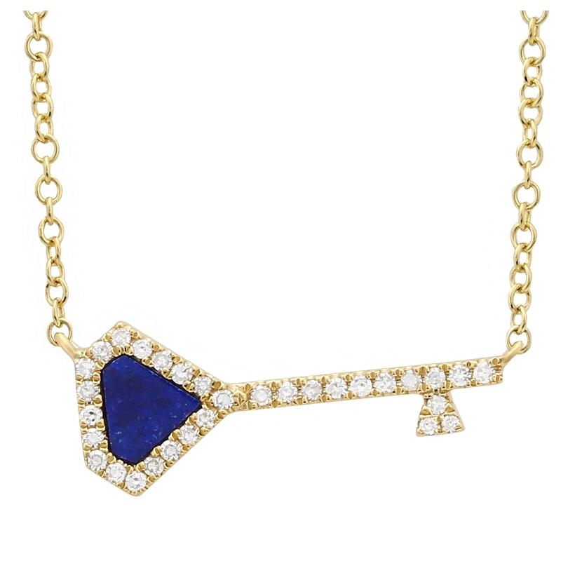 0.13 Ctw Diamond 14k Yellow Gold Lapis Round Shape Womens Gemstone Necklace