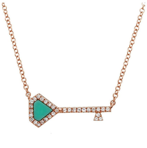 0.09 Ctw Diamond 14k Rose Gold Turquoise Round Shape Womens Gemstone Necklace