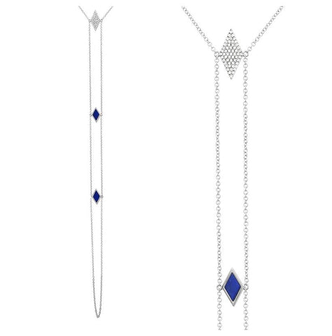 0.11 Ctw Diamond 14k White Gold Lapis Round Shape Womens Gemstone Necklace