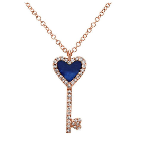 0.1 Ctw Diamond 14k Rose Gold Lapis Round Shape Womens Gemstone Necklace Pendant With 16 Inch Chain