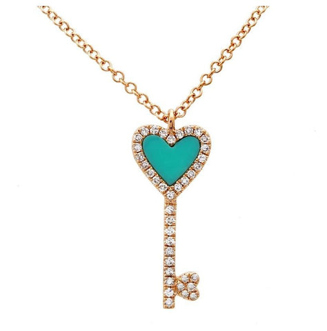 0.1 Ctw Diamond 14k Rose Gold Turquoise Round Shape Womens Gemstone Necklace Pendant With 16 Inch Chain