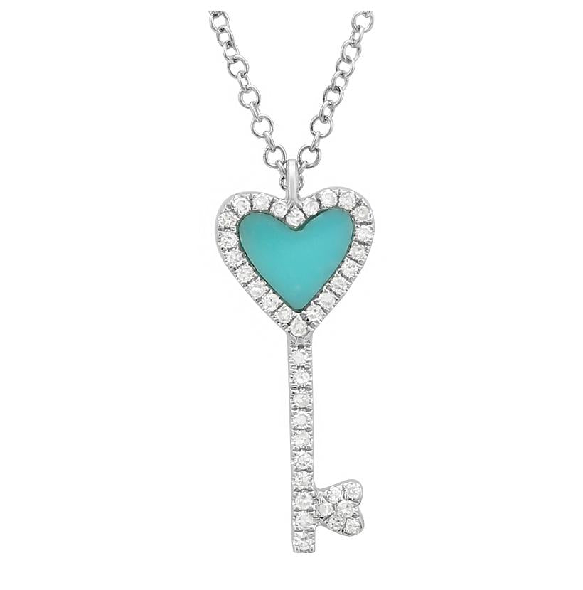 0.1 Ctw Diamond 14k White Gold Turquoise Round Shape Womens Gemstone Necklace Pendant With 16 Inch Chain