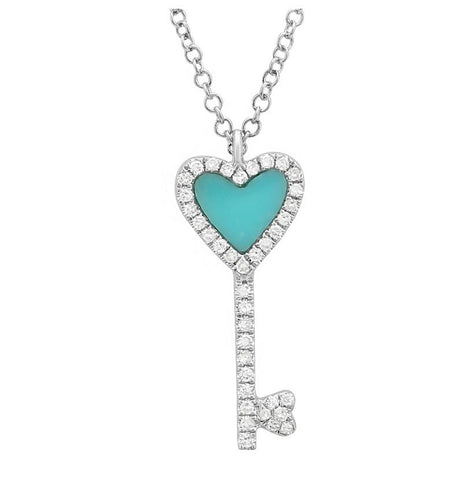 0.1 Ctw Diamond 14k White Gold Turquoise Round Shape Womens Gemstone Necklace Pendant With 16 Inch Chain