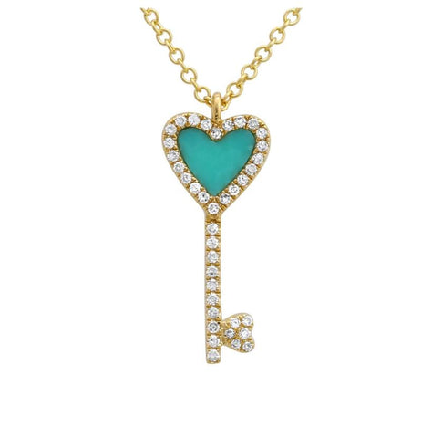 0.1 Ctw Diamond 14k Yellow Gold Turquoise Round Shape Womens Gemstone Necklace Pendant With 16 Inch Chain