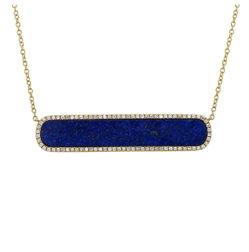 0.23 Ctw Diamond 14k Yellow Gold Lapis Round Shape Womens Gemstone Necklace