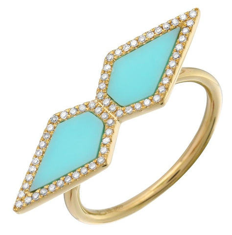 0.15 Ctw Diamond 14k Yellow Gold Turquoise Round Shape Womens Gemstone Ring