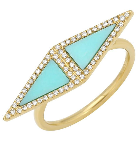 0.15 Ctw Diamond 14k Yellow Gold Turquoise Round Shape Womens Gemstone Ring