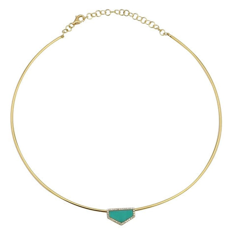 0.11 Ctw Diamond 14k Yellow Gold Turquoise Round Shape Womens Gemstone Necklace