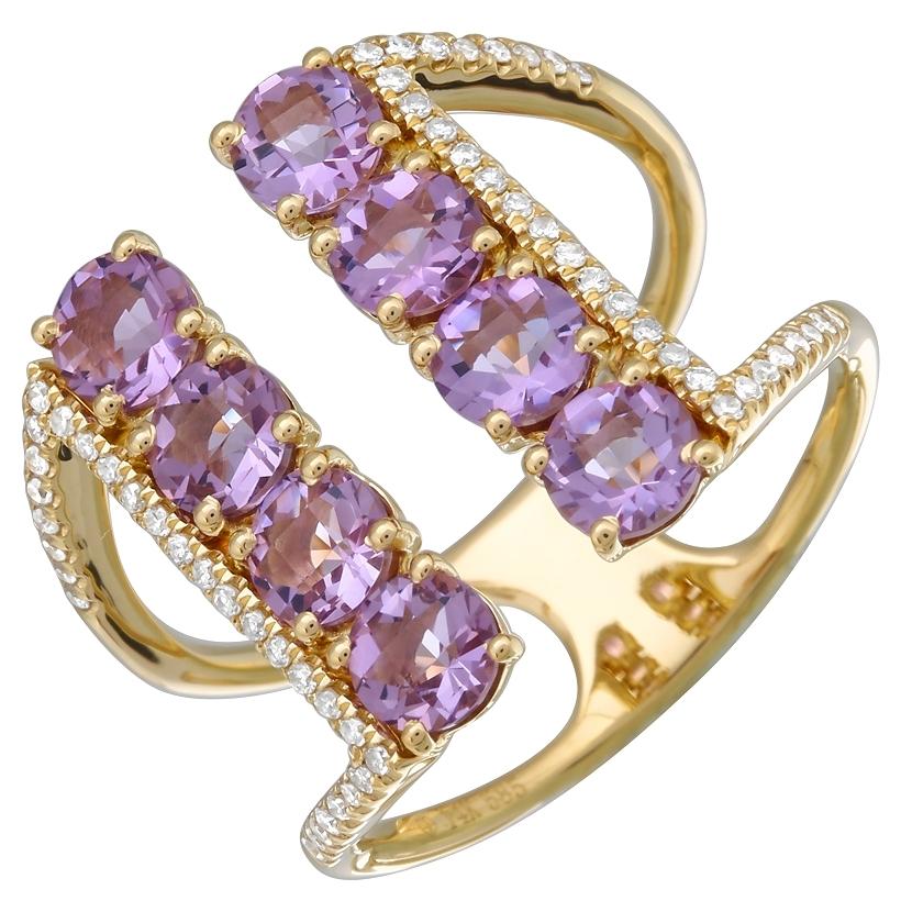 0.18 Ctw Diamond 14k Yellow Gold Amethyst Round Shape Womens Gemstone Ring