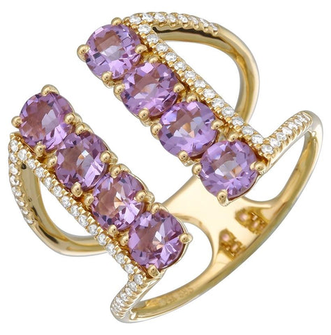 0.18 Ctw Diamond 14k Yellow Gold Amethyst Round Shape Womens Gemstone Ring