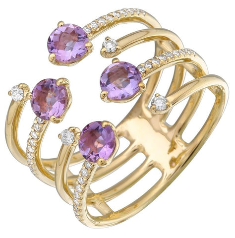 0.17 Ctw Diamond 14k Yellow Gold Amethyst Round Shape Womens Gemstone Ring