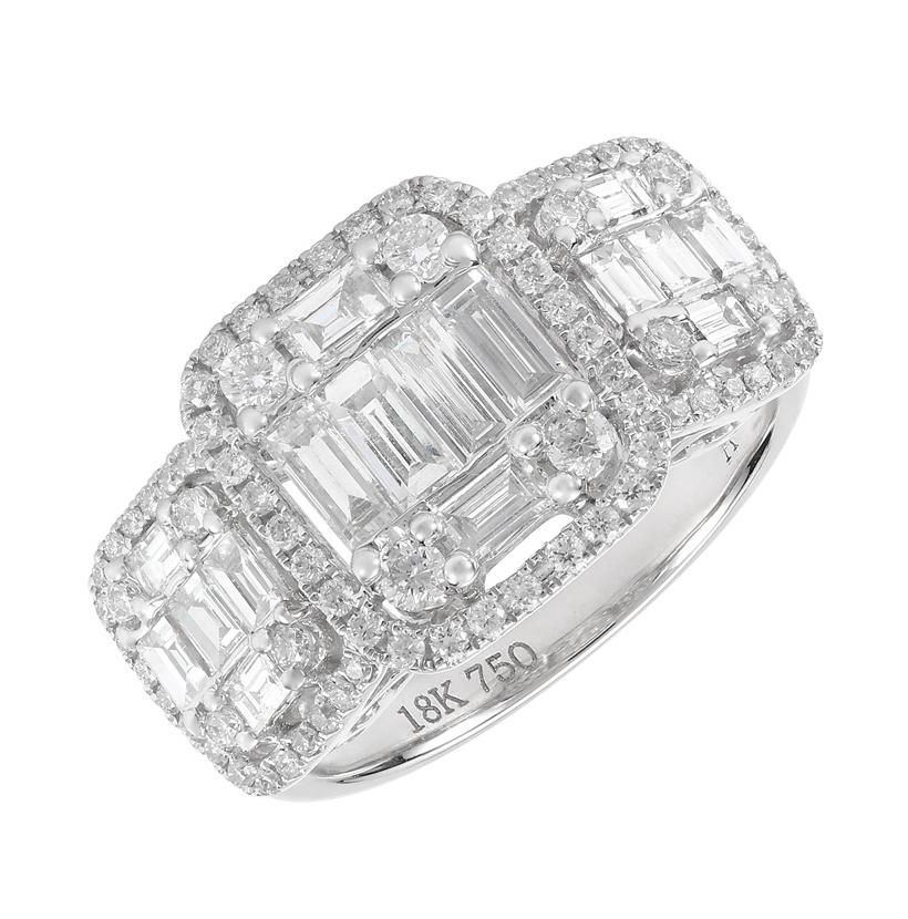 1.46 Ctw Diamond 18k White Gold Round Baguette Shape Womens Diamond Ring