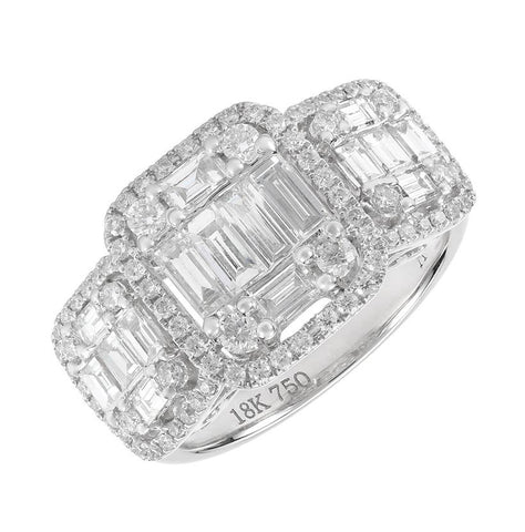 1.46 Ctw Diamond 18k White Gold Round Baguette Shape Womens Diamond Ring