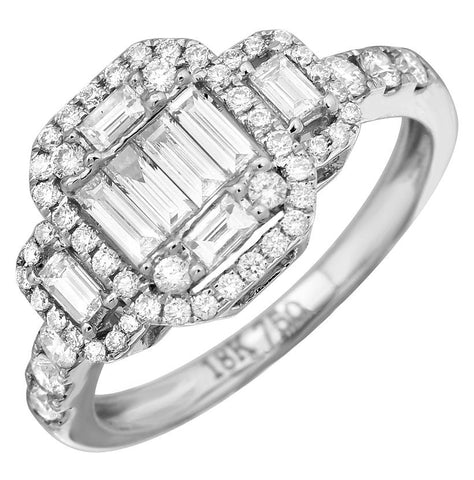 0.83 Ctw Diamond 18k White Gold Round Baguette Shape Womens Diamond Ring