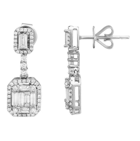 1.51 Ctw Diamond 18k White Gold Round Baguette Shape Womens Diamond Earrings