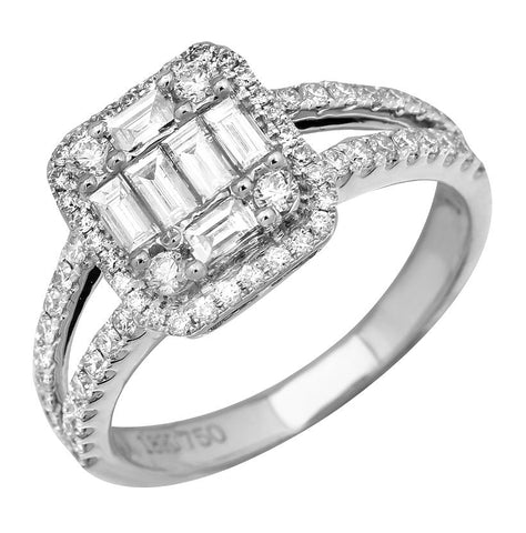 0.94 Ctw Diamond 18k White Gold Round Baguette Shape Womens Diamond Ring