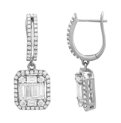 1.83 Ctw Diamond 18k White Gold Round Baguette Shape Womens Diamond Earrings