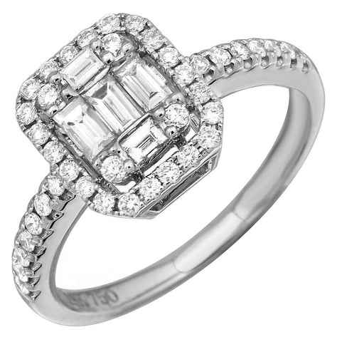 0.65 Ctw Diamond 18k White Gold Round Baguette Shape Womens Diamond Ring