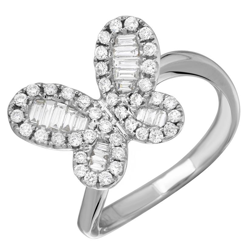 0.56 Ctw Diamond 18k White Gold Round Baguette Shape Womens Diamond Ring