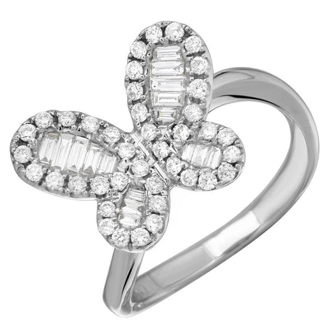 0.56 Ctw Diamond 18k White Gold Round Baguette Shape Womens Diamond Ring